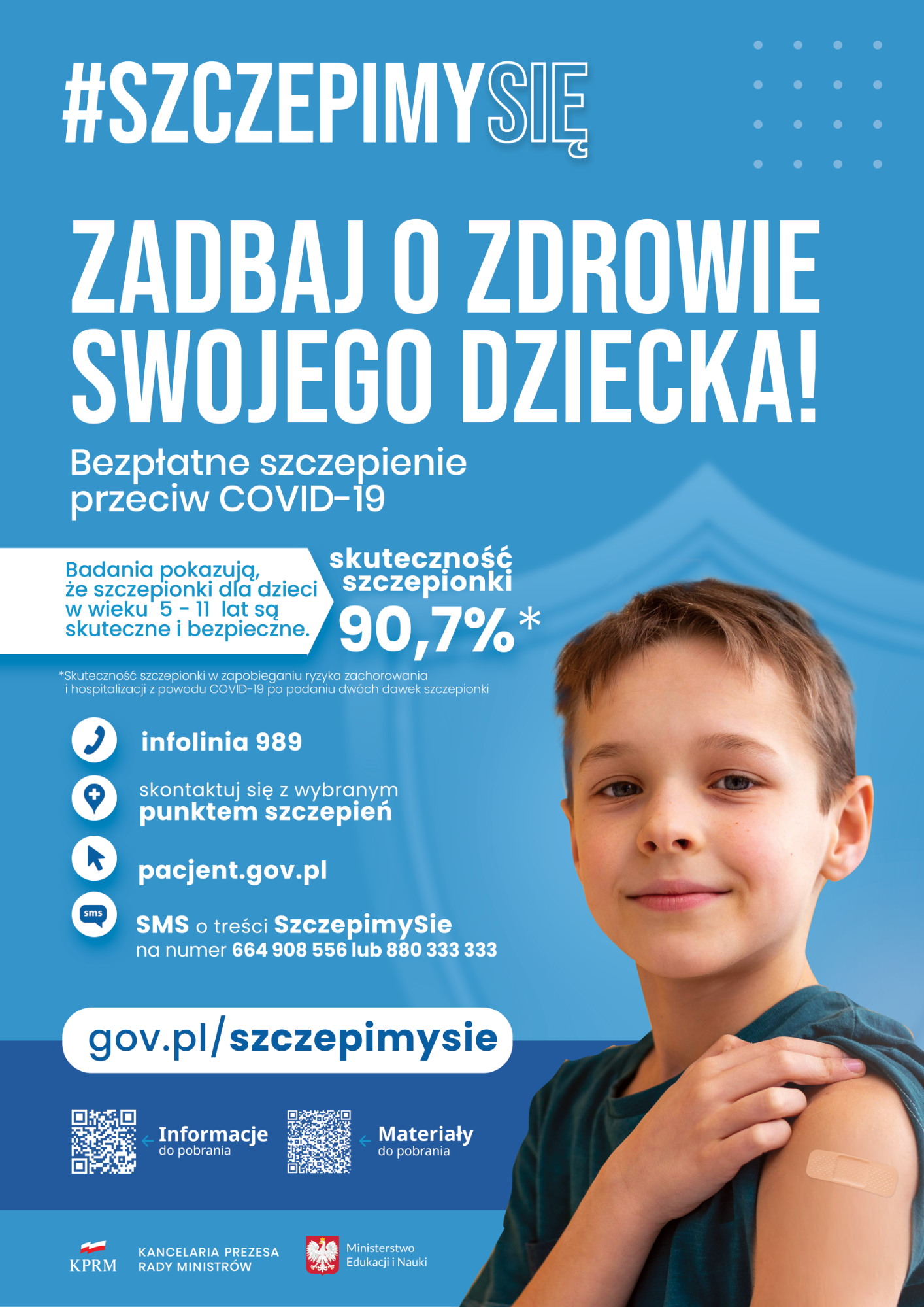Na plakacie znajdują się informacje dotyczące szczepień oraz kody qr do skanowania, aby pobrać informacje o szczepieniach COVID-19.